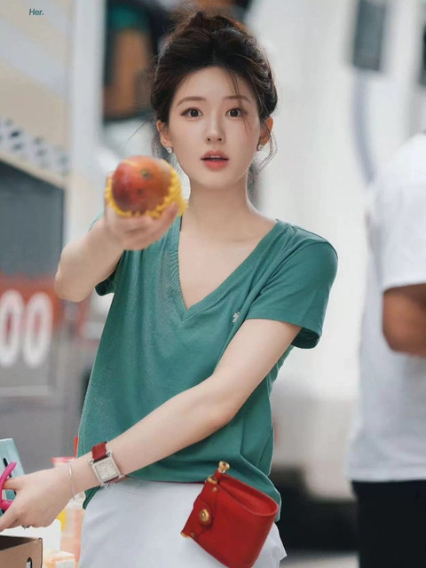 (Freight insurance) Zhao Lusi same V-neck embroidered T-shirt as Zhao Lusi