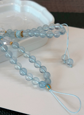 天然海蓝宝手机链挂绳蓝色串珠手链纯银金珠挂件女生礼物