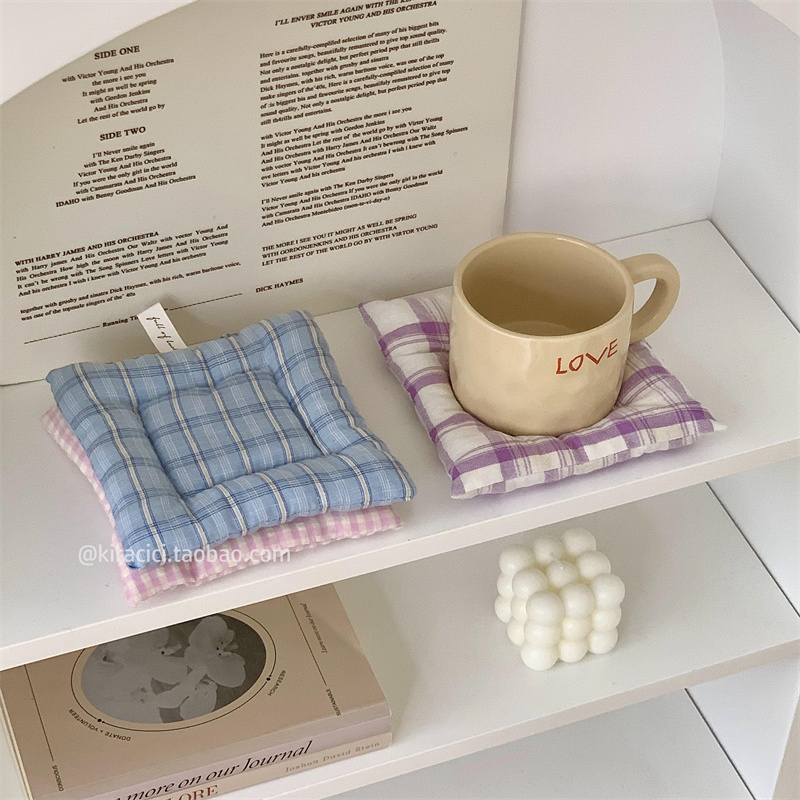 ins格子布艺夹棉吸水杯垫拍照氛围装饰道具餐桌隔热垫碗盘垫餐垫 - 图1