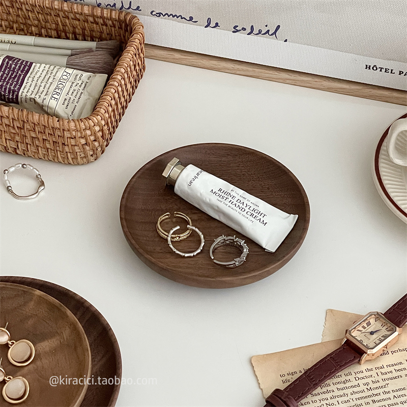 复古胡桃木桌面木质收纳盘实木圆形首饰小托盘饰品展示整理置物盘 - 图0