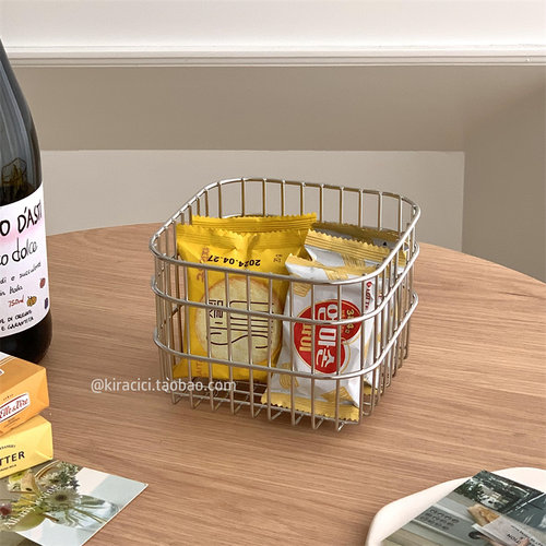 ins正方形不锈钢银色收纳筐桌面杂物置物篮化妆品整理篮子收纳盒 - 图0