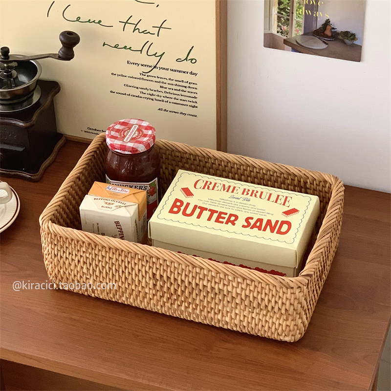 复古藤编长方形收纳筐编织收纳盒桌面化妆品整理盒茶几杂物置物篮,淘宝优惠券,粉丝福利购,淘宝优惠卷