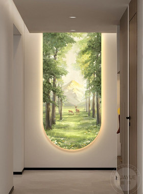 现代简约玄关装饰画大气风景空间延伸发光挂画北欧绿色客厅壁灯画