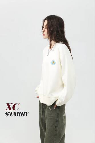 XCstarry纸袋6009飞机星背后印花圆领加绒卫衣宽松轻软保暖情侣冬 - 图3