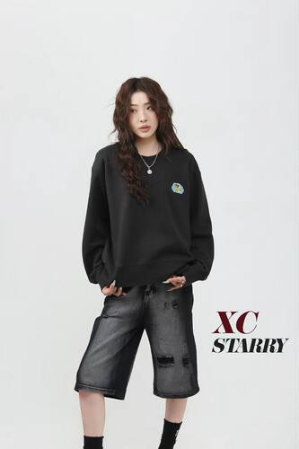 XCstarry纸袋6009飞机星背后印花圆领加绒卫衣宽松轻软保暖情侣冬 - 图1