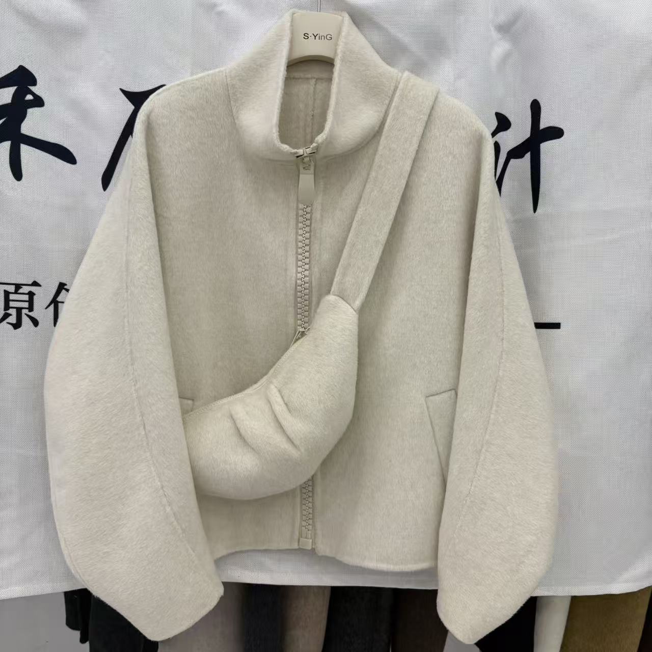 ZY羊绒大衣2025秋冬新款双面羊绒大衣女短款带包包宽松羊毛呢外套 - 图0