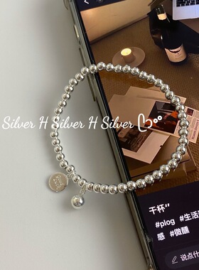 s925纯银光珠good luck圆牌小光球时尚简约百搭女款手链