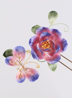 非遗手工绒花双色牡丹盘发簪子汉服旗袍配饰簪花古风宫廷U型发钗
