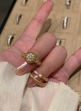 欧美复中古925纯银戒指拉丝轻奢小众高端级设计感气质名媛镶钻环