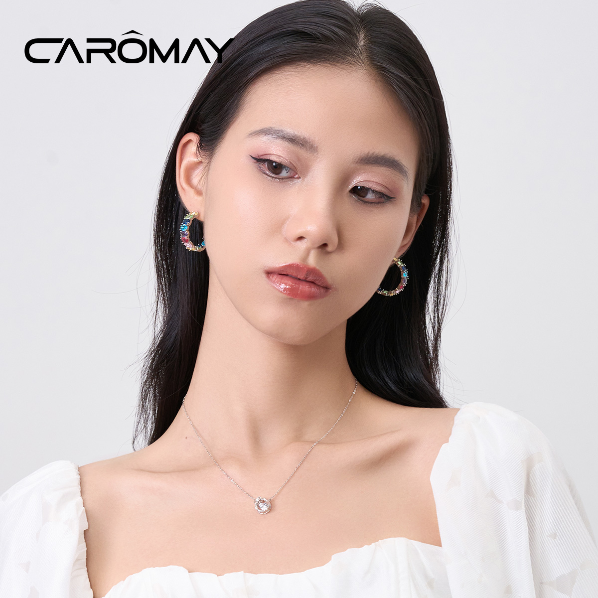 CAROMAY彩色C型耳环女2024年新款潮耳扣设计感925银针小众耳饰品