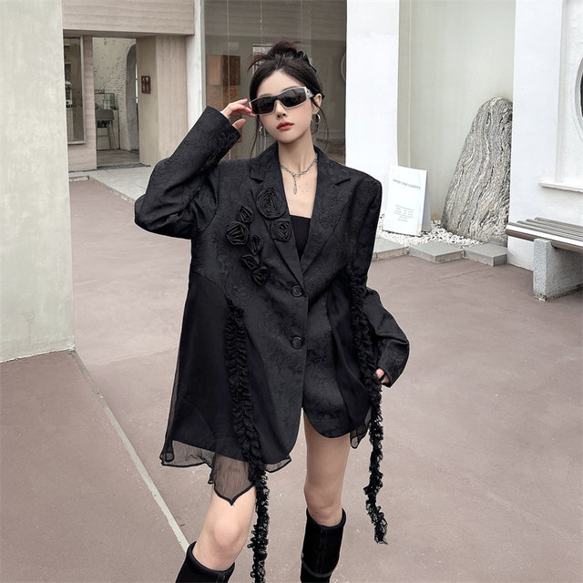 Mapogo trendy design niche fashion trendy jacquard splicing suit jacket three-dimensional rose casual suit