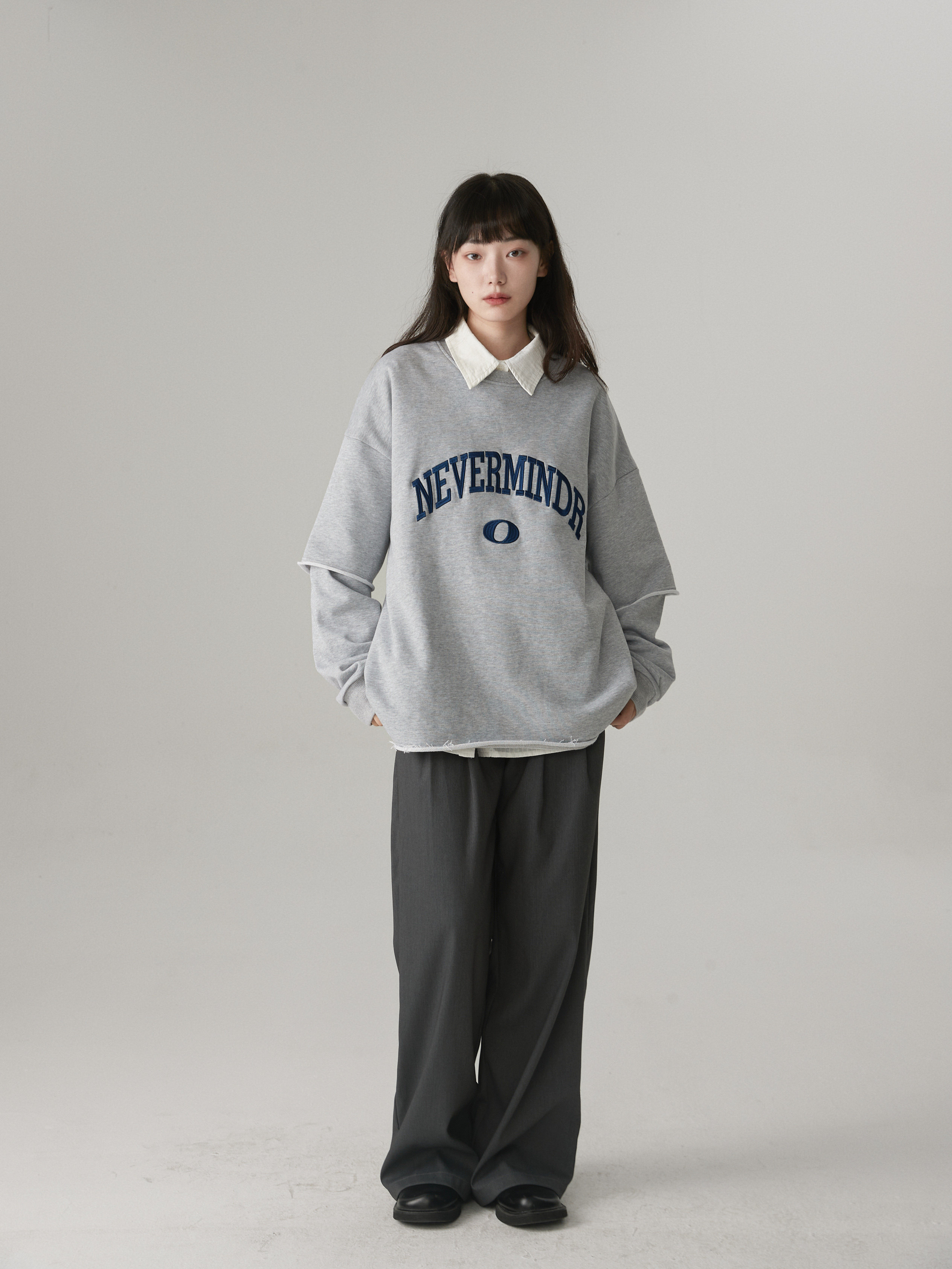 "没关系的,ro"灰色假两件宽松休闲套头圆领卫衣女