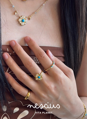 nescius发财花戒指纯银蓝松石