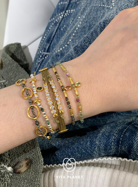 希腊Mary Gaitani 天然石单层串珠手链复古小众手工叠戴彩色手饰