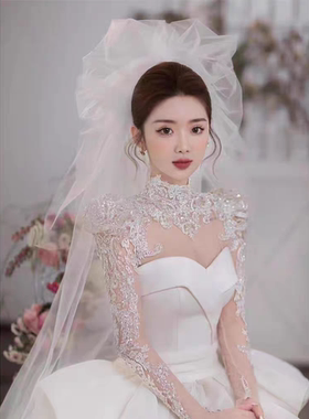 法式2024新款新娘简约抹胸出门头纱森系鱼尾礼服配饰蓬蓬长款头纱