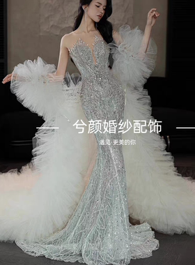 高级婚纱外套荷叶边拖尾手袖纱披肩超大夸张造型主题婚纱披风披肩