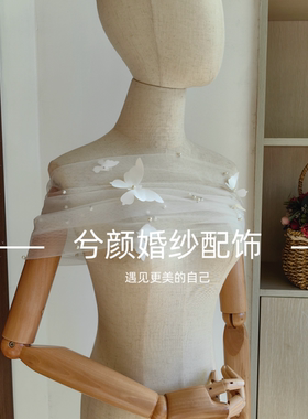 新款高档脖子围巾一字领披肩珍珠网纱蝴蝶仙美飘纱多用长纱氛围感