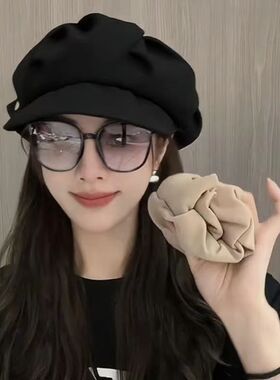 褶皱云朵帽子女2023年韩版八角帽大头围显脸小时尚个性小众贝雷帽