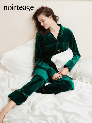 NT女士金丝绒长袖修身保暖家居服套装春秋薄款性感短绒睡衣两件套 - 图0
