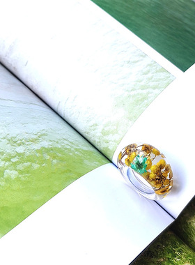 高级时尚透明滴胶花朵earrings耐久花树叶内置干花真花亚克力戒指