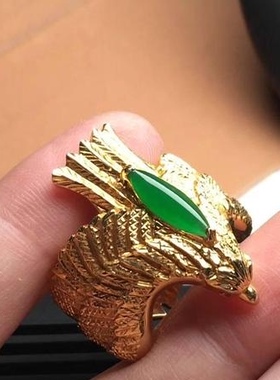 雄鹰展翅老鹰羽毛A货翡翠马眼银包金戒指毕业祝福前程礼物男戒