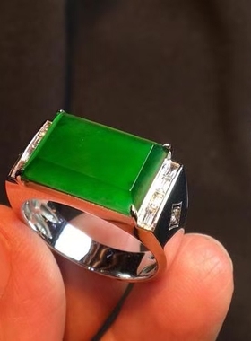 满绿马鞍经典复古中式男戒指9K金伴钻镶天然A货翡翠父亲节礼物配