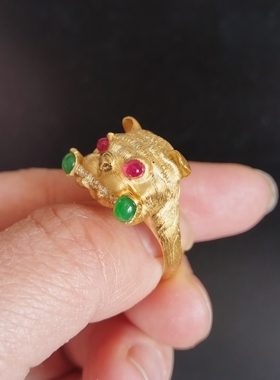 翡翠A蛋面戒指银镀金镶嵌趣味设计感小众法斗大狗狗宠物人士礼物