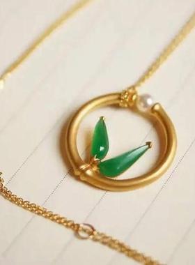 银镀金镶嵌天然A货翡翠竹节竹叶古国风吊坠项链古朴高知人士礼物