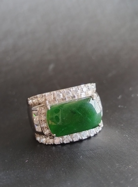 现货天然冰种阳绿翡翠马鞍戒指男银包金镶嵌缅甸A货原石玉带证书