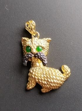 定制小猫咪吊坠缅甸阳绿翡翠蛋面吊银镀厚金男女款礼物配证书