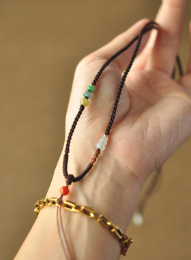 城头月2mm手工编织天然A货翡翠三彩葫芦细款玉石项链挂绳SS193