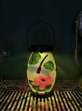 荷花琉璃灯花园庭院摆件阳台户外太阳能装饰灯台灯复古小夜灯