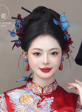 2025新款古风蓝色花发簪蝴蝶头饰
