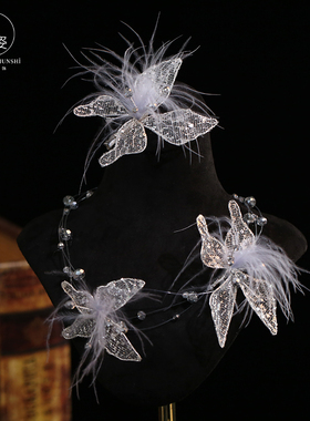 新款仙气亮纱蝴蝶项链耳环套装