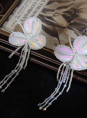 原创新款超仙串珠流苏梦幻彩色花朵项链新娘耳饰甜美晨袍颈链配饰