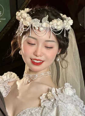 蕾丝珍珠法式造型复古头纱