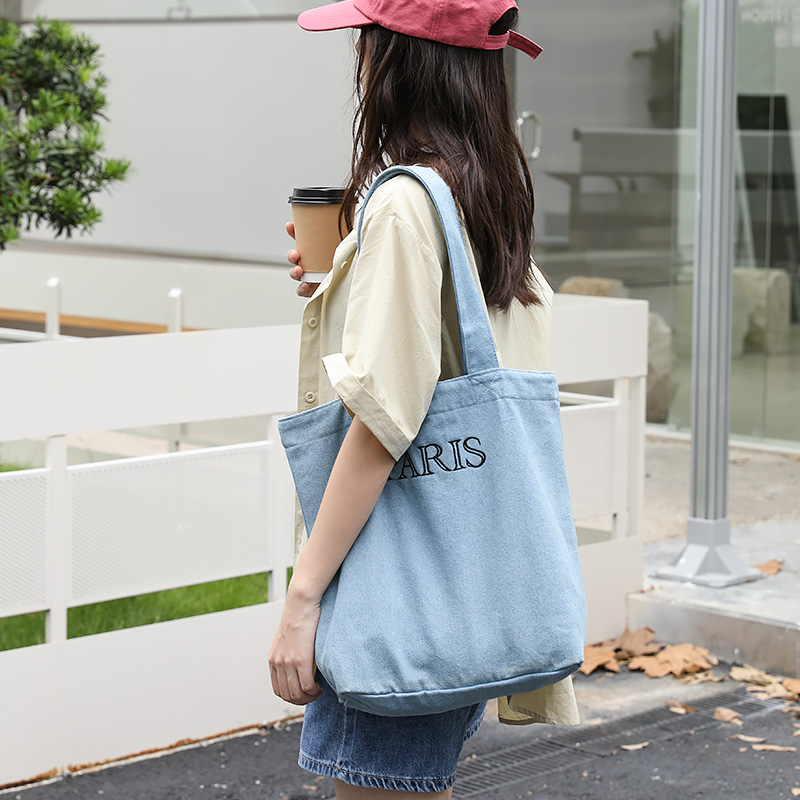 日系文艺学生牛仔布托特包女ins刺绣字母单肩布袋慵懒风帆布手提 - 图2