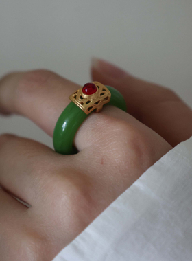 新中式清宫复古绿色黑色琉璃如意戒指国潮指环2025新款显瘦细戒指