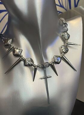 Rero Y2K Long Spike Rive Necklace Sainless Seel Cross Hip Ho