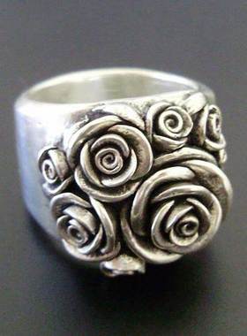 Vintage Rose Flower Rings For Women Ancient Silver Color Sta