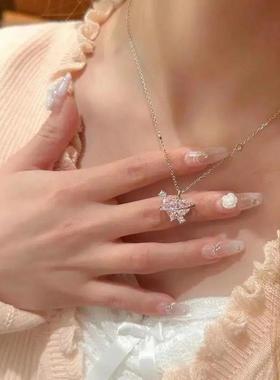 Fashion Pink Planet Heart Zircon Necklace Women Charm Aesthe