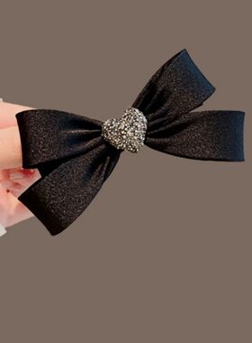1pc Black Rhinestone Heart Bow Hair Clip for Women, Medium S