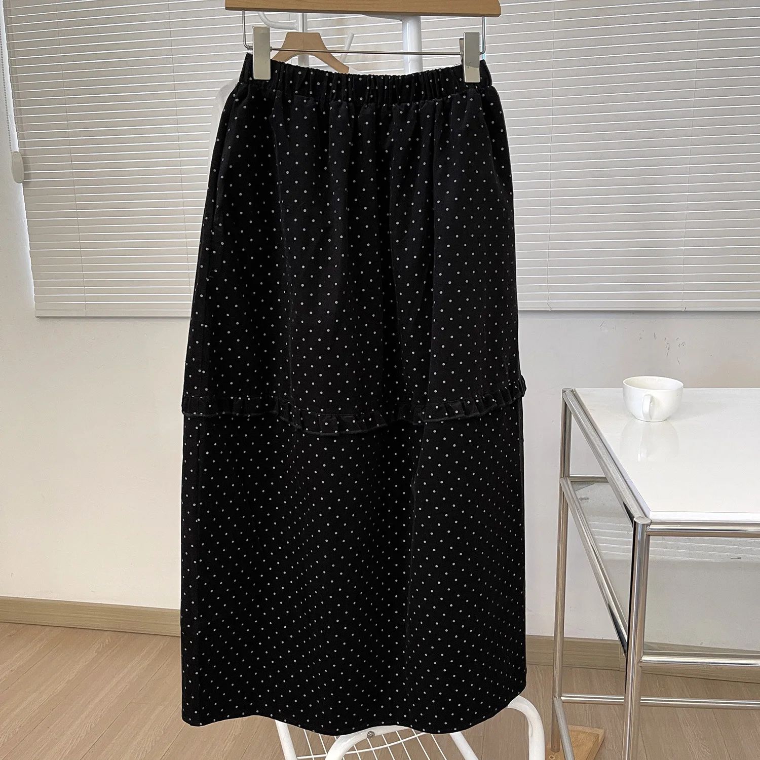 Women Patchwork Wooden Earlobe Polka Dot Skirts Korean Style - 图0