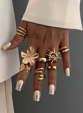 Vintage Gold Color Shell Flower Open Rings Set for Women Exa