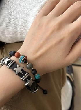 Pulseira de couro esrela vintage para homens e mulheres, pul