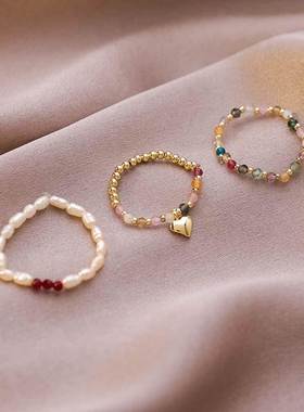 Simple Freshwater Pearl Bead Rings For Women Elastic Heart J