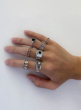 7Pcs/Set Goth Carved Heart Poker Antique Silver Color Rings
