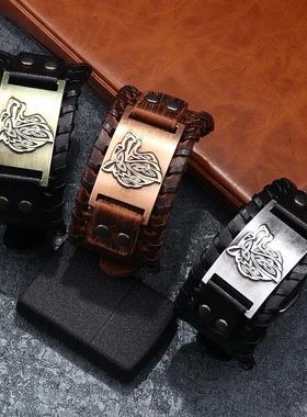 Vintage viking couro tran?ado pulseira para homem celta lobo