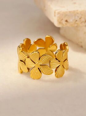 Sainless Seel Flower Rings for Women Men Gold Color Open Vin