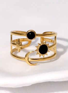 Stainless Steel Open Ring Sun Star Moon Finger Ring Adjustab